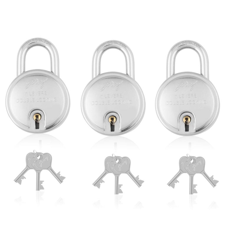 Godrej Locking Solutions and Systems Godrej Locks I Navtal 7 Levers 65Mm I with 3 Keys I Padlock for Main Door I Gate Lock I Lock for Tool BoxShuttersShops Offices I Corression Resistant Shackle I Silver Finish Pack of 3 Metal  - Image 1