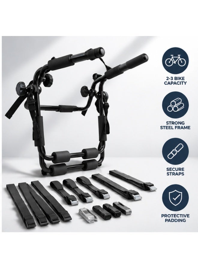 Universal Rear Car Bike Rack Carrier for 2-3 Bicycles with Heavy Duty Steel Frame, Secure Fastening Straps, Protective Rubber Padding, Foldable Trunk Mount Design, Easy Installation Bicycle Transport Holder for Sedans, Hatchbacks and SUVs, Space Saving Outdoor Travel Solution - Image 1