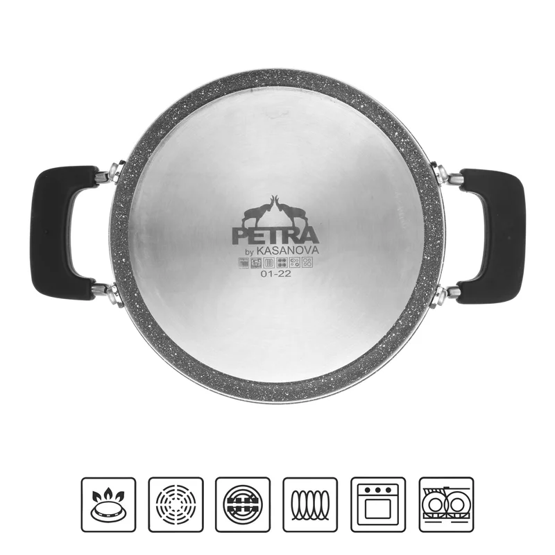Simply Kitchen  New Petra Dark Casserole 28 Cm With Glass Lid Gray  | Best Price UAE