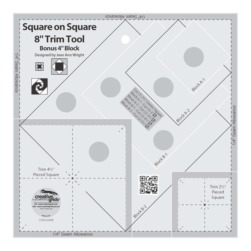 Square on Square Trim Tool Quilt Ruler – CGRJAW8 – Made in USA, 8-1/2in x 8-1/2in, Non-Slip Grip Acrylic Quilting, Sewing, Crafting, Patchwork Ruler & Template
