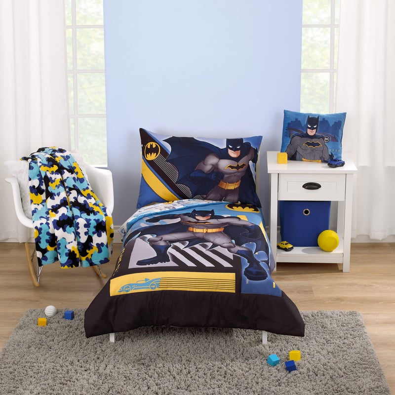 NoJo Warner Brothers Batman The Caped Crusader Navy Gray and Yellow BatSignal 4 Piece Toddler Bed Set Comforter Fitted Bottom Sheet Flat Top Sheet and Reversible Pillowcase