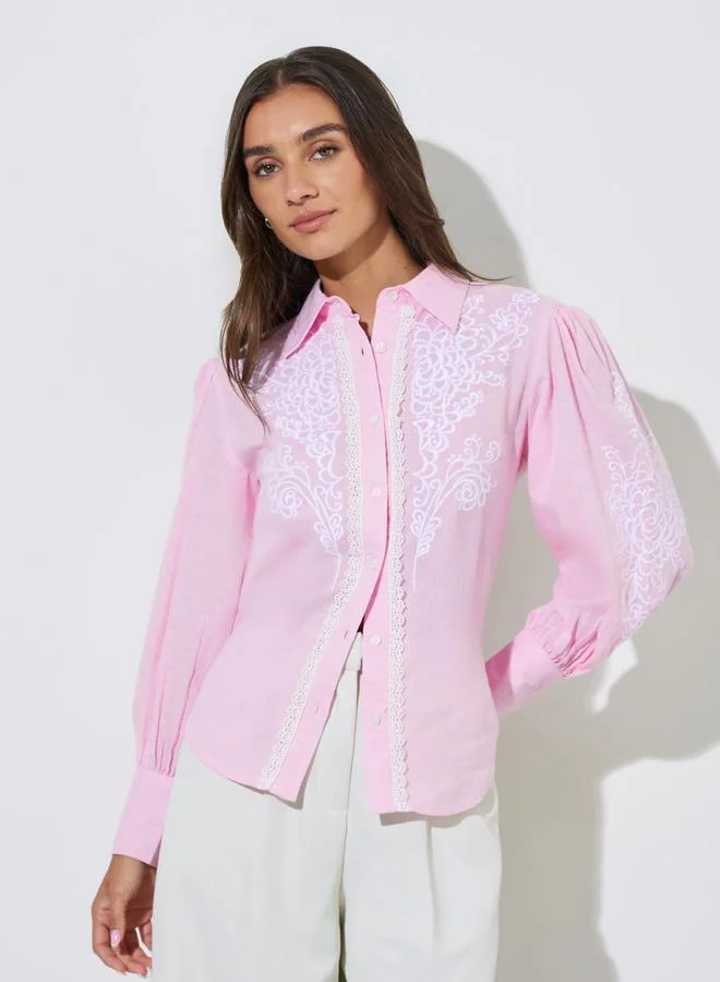 Styli Pink Embroidered Long Sleeve Regular Fit Shirt