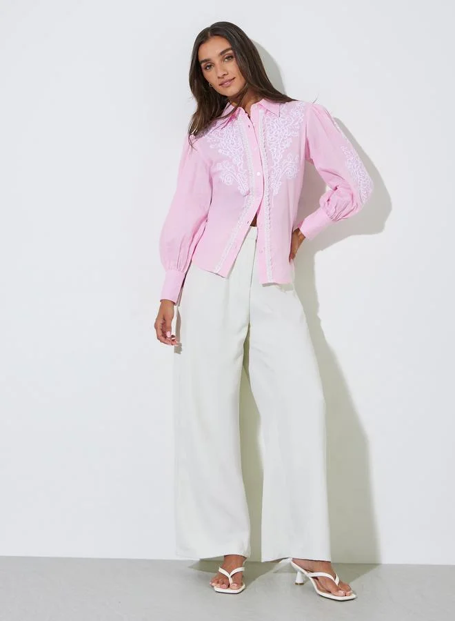 Styli Pink Embroidered Long Sleeve Regular Fit Shirt