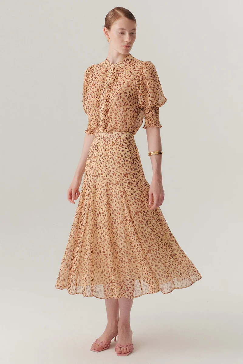 EXQUISE Fitted Waist, Flared Patterned Midi Length Chiffon Skirt