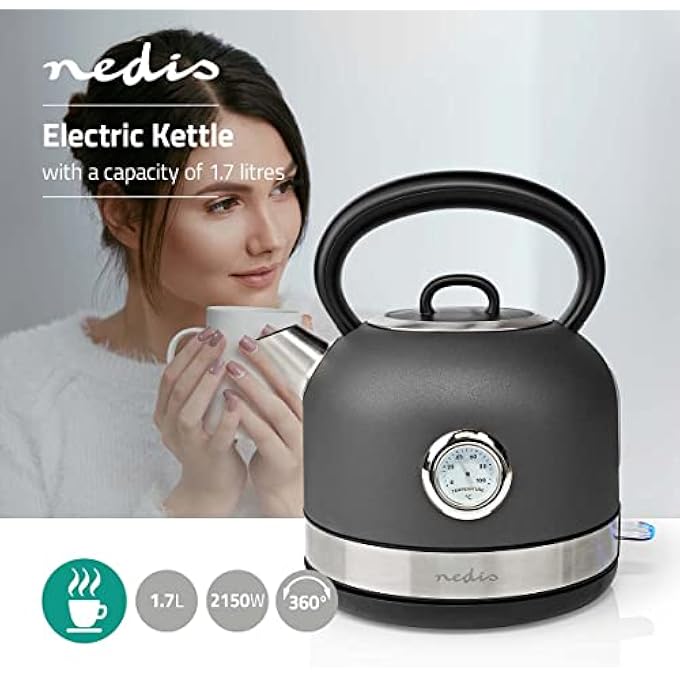 NEDIS Kawk310Egy Electric Kettle  17 L  Stainless Steel  Grey  Temperature Indicator  Rotatable 360 Degrees  Concealed Heating Element  Strix Controller  BoilDry Protection - Image 3