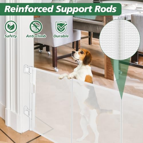 Bingguz Reinforced 24 Inch Tall Retractable Baby Gates for Dogs, Short Dog Gates to Step Over, Expands 0-55 Inches Wide, Mesh Pet Gate with Support Rods, Small Puppy Gates for The House, White - Image 3