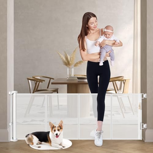 Bingguz Reinforced 24 Inch Tall Retractable Baby Gates for Dogs, Short Dog Gates to Step Over, Expands 0-55 Inches Wide, Mesh Pet Gate with Support Rods, Small Puppy Gates for The House, White - Image 1