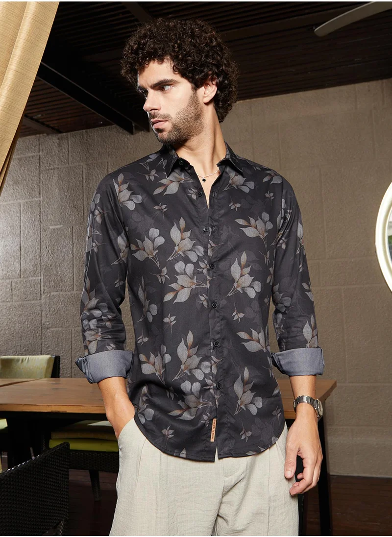 Campus Sutra Men's Midnight Black Stamped-Foliage Shirt