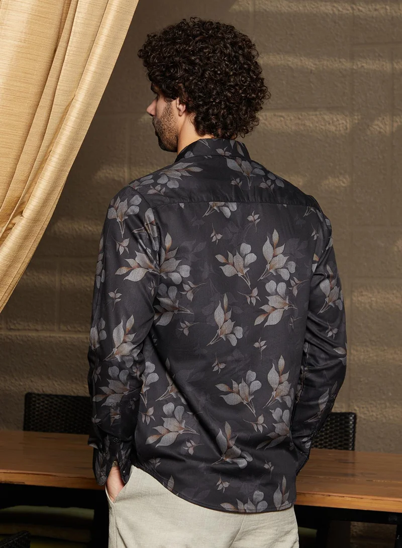 Campus Sutra Men's Midnight Black Stamped-Foliage Shirt