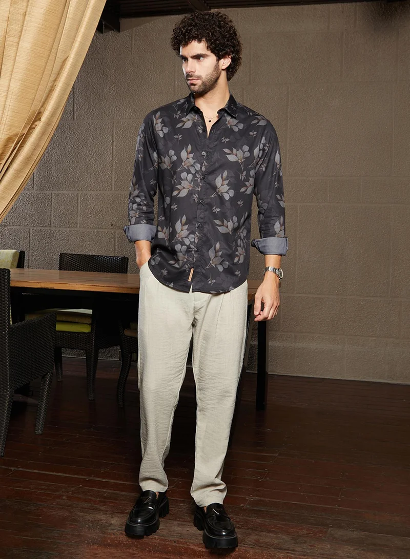 Campus Sutra Men's Midnight Black Stamped-Foliage Shirt