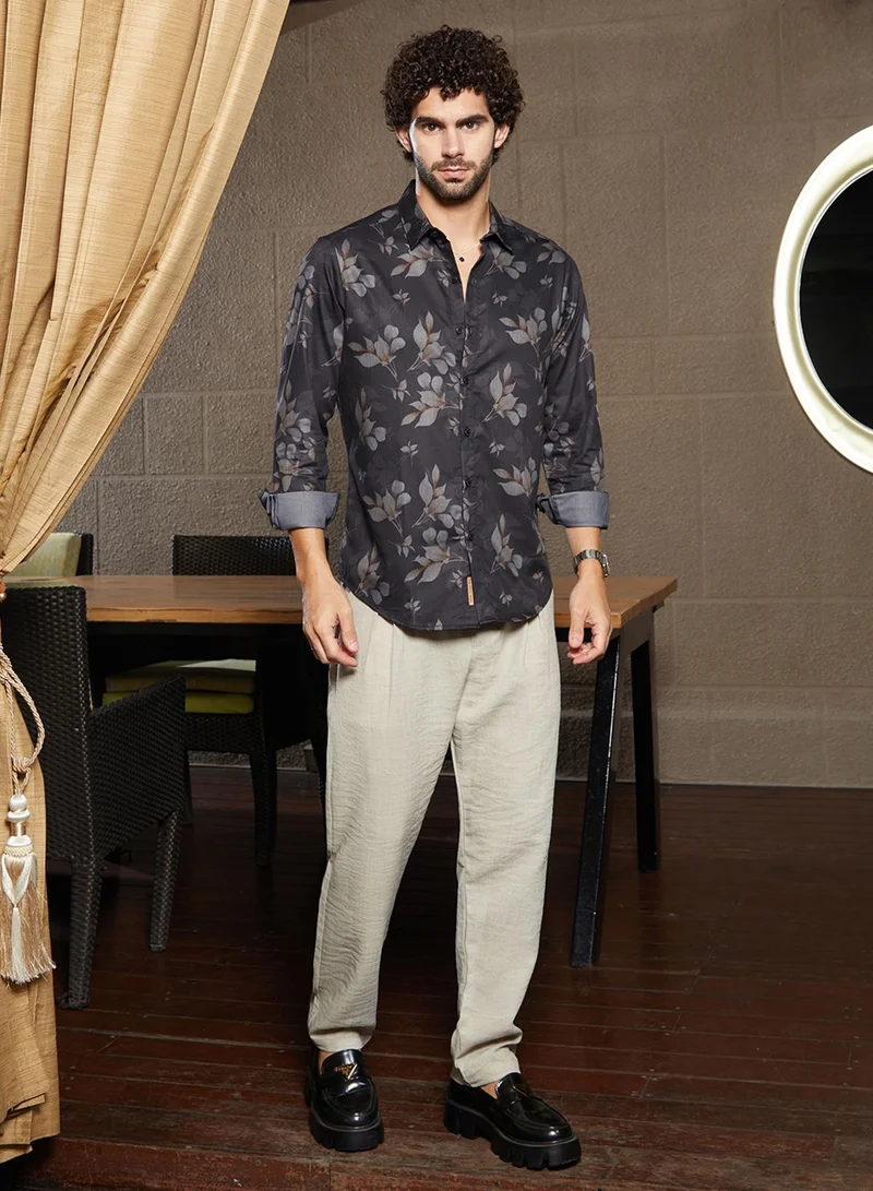 Campus Sutra Men's Midnight Black Stamped-Foliage Shirt