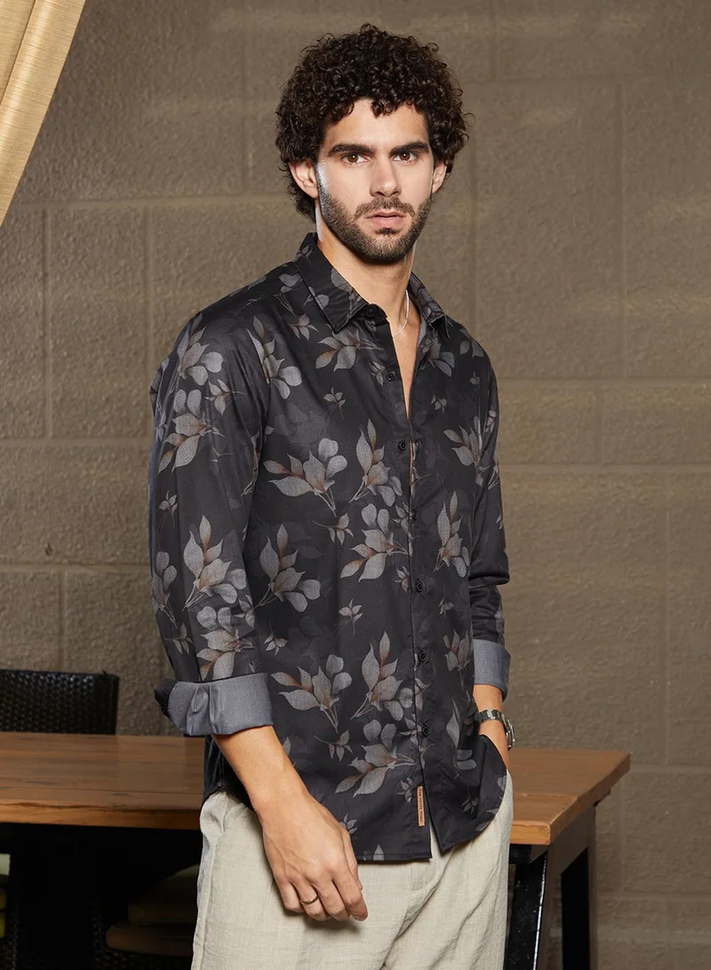 Campus Sutra Men's Midnight Black Stamped-Foliage Shirt