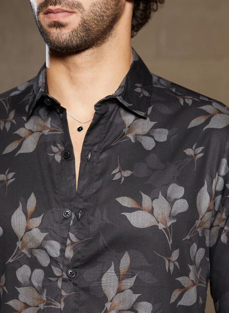 Campus Sutra Men's Midnight Black Stamped-Foliage Shirt