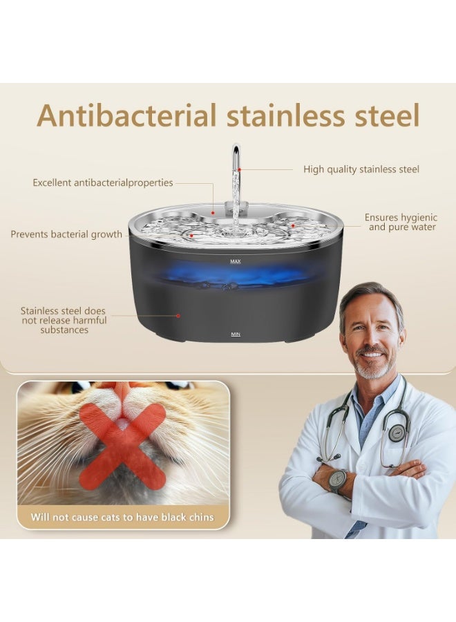 Tyonto نافورة مياه للقطط سعة 3.2 لتر من الفولاذ المقاوم للصدأ مع ضوء LED، تشغيل فائق الهدوء، موزع مياه بشحن USB، فلترة متعددة المراحل بالكربون النشط، مناسبة للقطط والكلاب. - Image 5