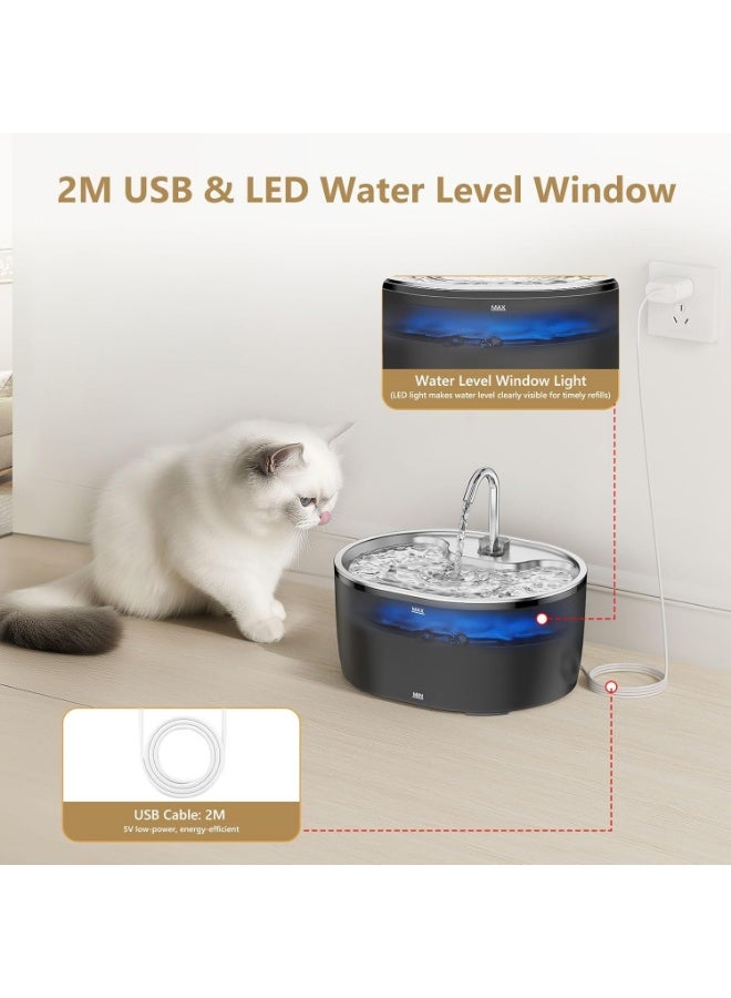Tyonto نافورة مياه للقطط سعة 3.2 لتر من الفولاذ المقاوم للصدأ مع ضوء LED، تشغيل فائق الهدوء، موزع مياه بشحن USB، فلترة متعددة المراحل بالكربون النشط، مناسبة للقطط والكلاب. - Image 2