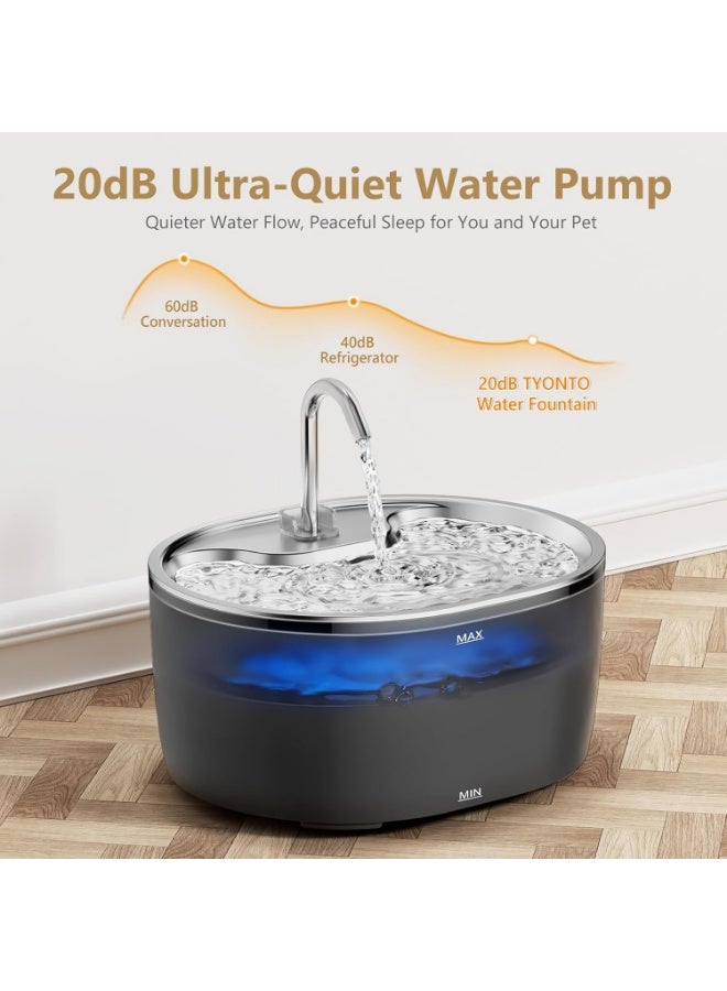 Tyonto نافورة مياه للقطط سعة 3.2 لتر من الفولاذ المقاوم للصدأ مع ضوء LED، تشغيل فائق الهدوء، موزع مياه بشحن USB، فلترة متعددة المراحل بالكربون النشط، مناسبة للقطط والكلاب. - Image 3