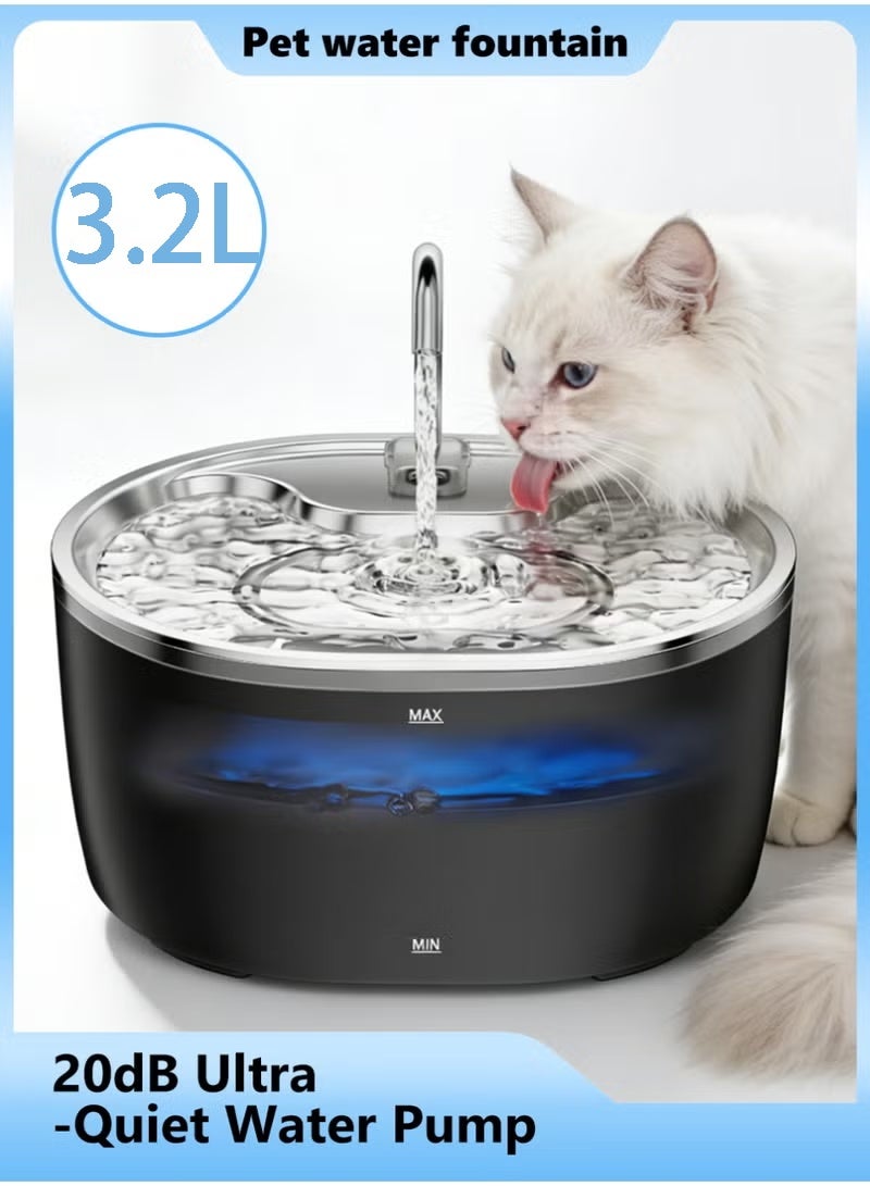 Tyonto نافورة مياه للقطط سعة 3.2 لتر من الفولاذ المقاوم للصدأ مع ضوء LED، تشغيل فائق الهدوء، موزع مياه بشحن USB، فلترة متعددة المراحل بالكربون النشط، مناسبة للقطط والكلاب. - Image 1