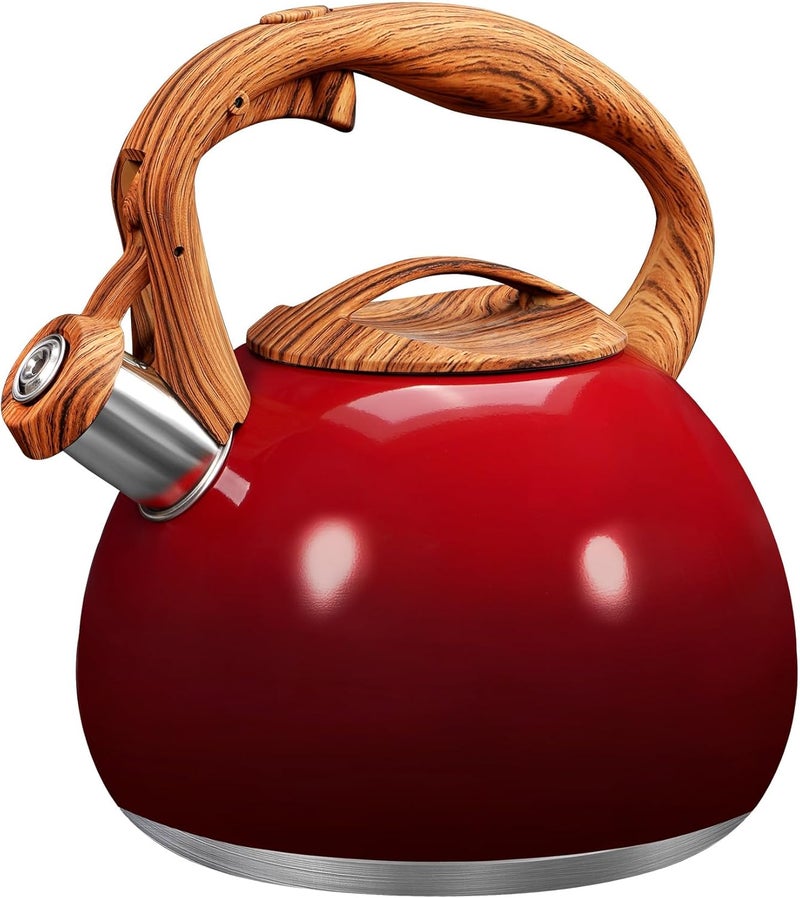 GGC Tea Kettle for Stove Top, 3.1QT/3L Whistling Tea Kettles for Boiling Water Coffee or Milk, Gradient Red Pot with Wood Parttern Handle, Stainless Steel Kettle Pot for Home and Kitchen - Image 1