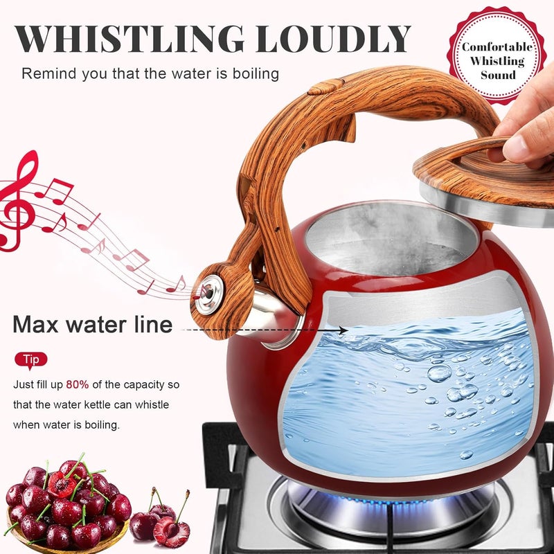 GGC Tea Kettle for Stove Top, 3.1QT/3L Whistling Tea Kettles for Boiling Water Coffee or Milk, Gradient Red Pot with Wood Parttern Handle, Stainless Steel Kettle Pot for Home and Kitchen - Image 4