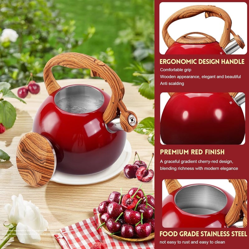 GGC Tea Kettle for Stove Top, 3.1QT/3L Whistling Tea Kettles for Boiling Water Coffee or Milk, Gradient Red Pot with Wood Parttern Handle, Stainless Steel Kettle Pot for Home and Kitchen - Image 2