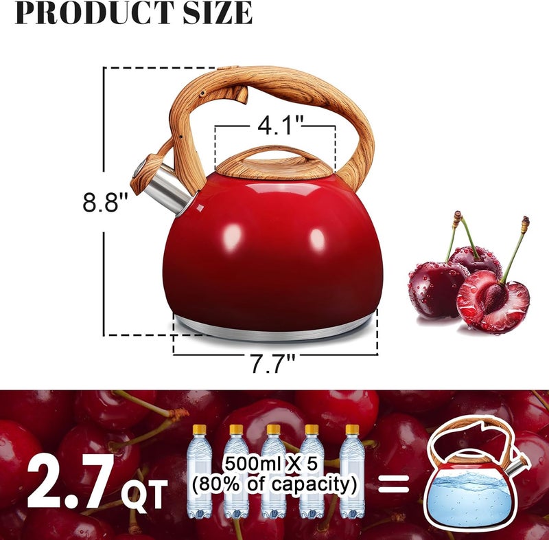 GGC Tea Kettle for Stove Top, 3.1QT/3L Whistling Tea Kettles for Boiling Water Coffee or Milk, Gradient Red Pot with Wood Parttern Handle, Stainless Steel Kettle Pot for Home and Kitchen - Image 3