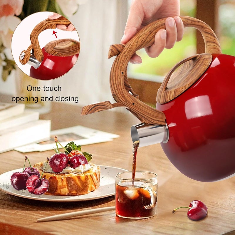 GGC Tea Kettle for Stove Top, 3.1QT/3L Whistling Tea Kettles for Boiling Water Coffee or Milk, Gradient Red Pot with Wood Parttern Handle, Stainless Steel Kettle Pot for Home and Kitchen - Image 5