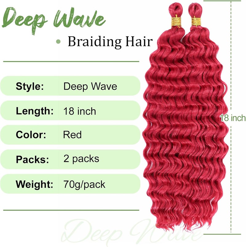 Eerya Long Curly Braiding Hair 18 Inch 2 Packs Red Ocean Wave for Black Women Deep Wave Braiding Hair for Boho Braids (18 inch, Red) - Image 2