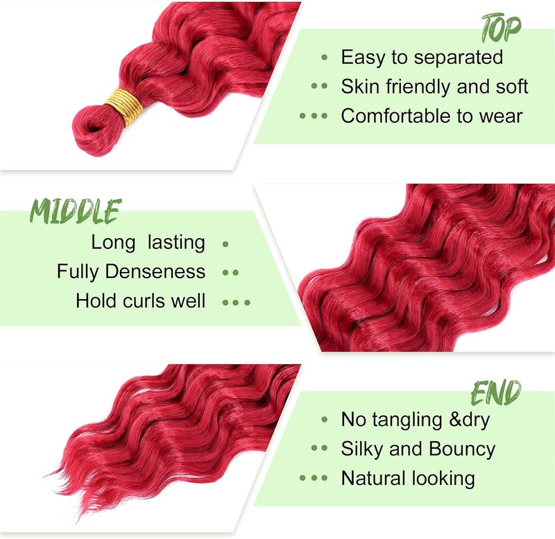Eerya Long Curly Braiding Hair 18 Inch 2 Packs Red Ocean Wave for Black Women Deep Wave Braiding Hair for Boho Braids (18 inch, Red) - Image 3