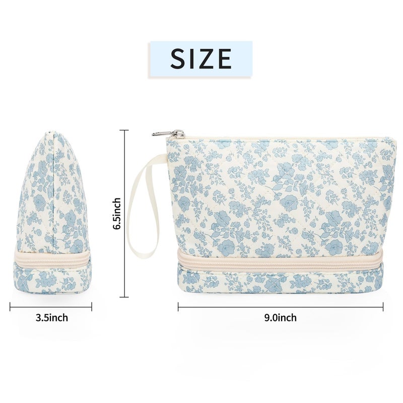 Ethereal Small Makeup Bag, 2 Layers Travel Make up Organizer Bag with Makeup Brush Holder, Portable Cosmetic Bag for Women/Girls, Blue Flower - Image 5