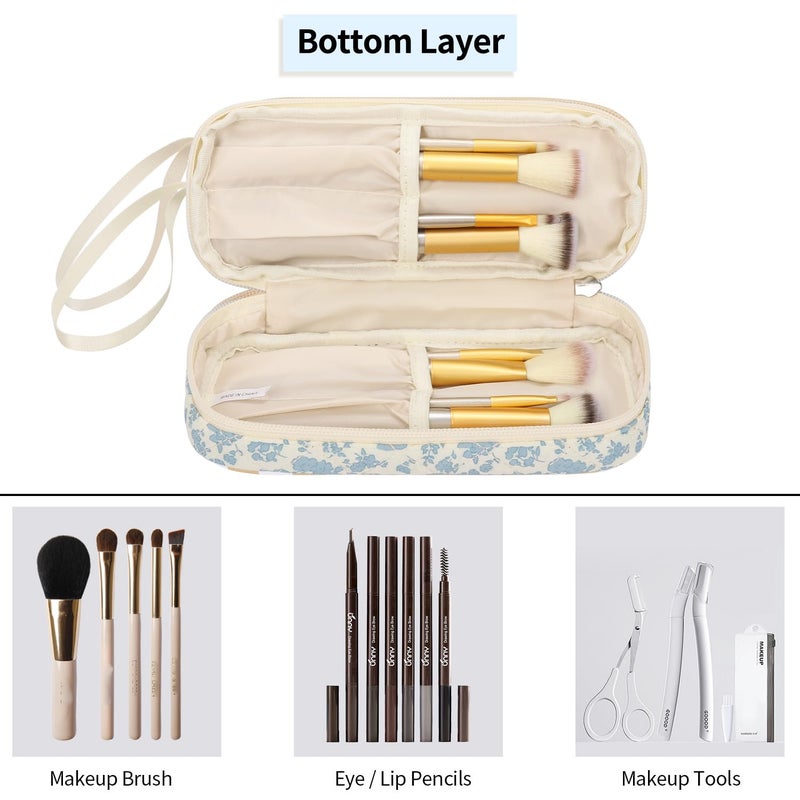 Ethereal Small Makeup Bag, 2 Layers Travel Make up Organizer Bag with Makeup Brush Holder, Portable Cosmetic Bag for Women/Girls, Blue Flower - Image 3