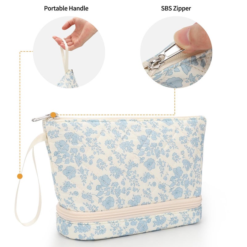 Ethereal Small Makeup Bag, 2 Layers Travel Make up Organizer Bag with Makeup Brush Holder, Portable Cosmetic Bag for Women/Girls, Blue Flower - Image 4