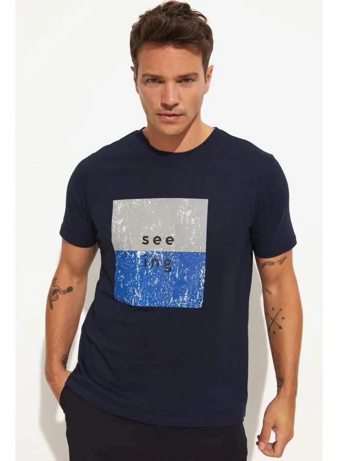 JUNE June Men Regular Fit 100% Cotton Printed Crew Neck Tshirt Navy