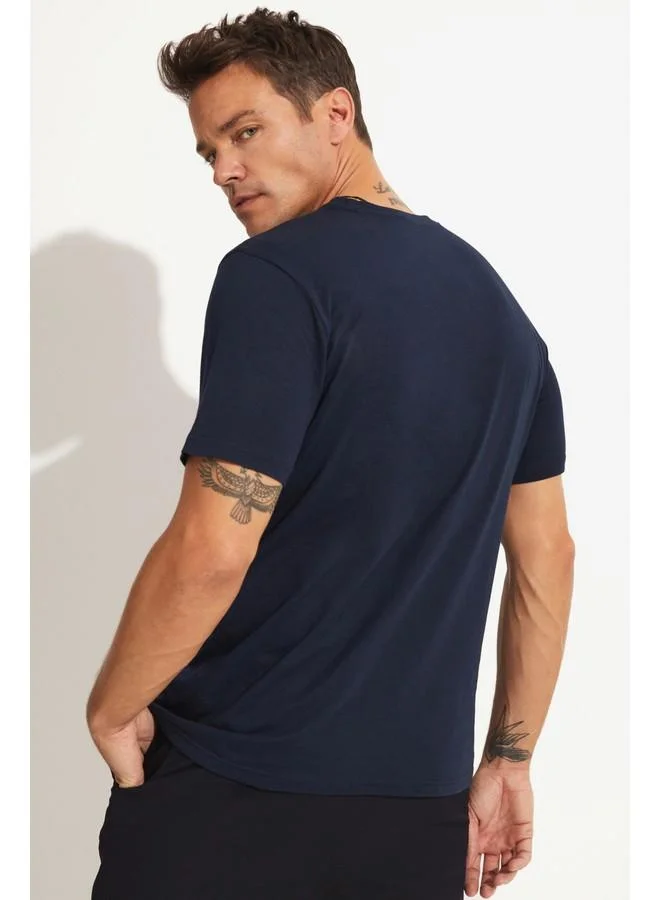 JUNE June Men Regular Fit 100% Cotton Printed Crew Neck Tshirt Navy