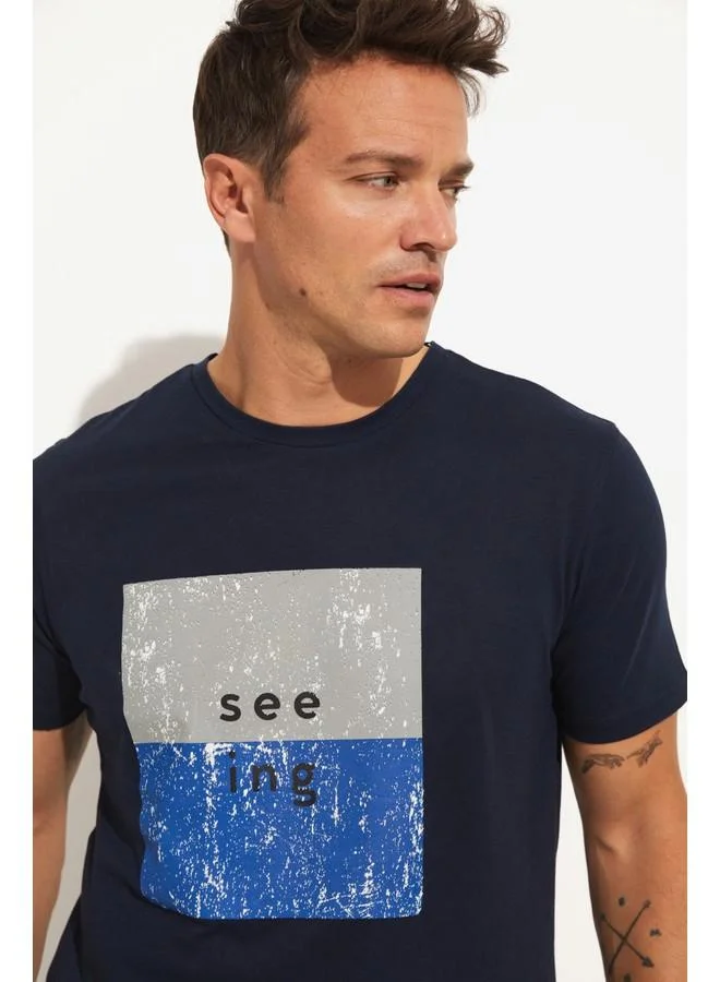 JUNE June Men Regular Fit 100% Cotton Printed Crew Neck Tshirt Navy