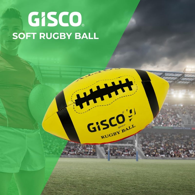 GISCO كرة رغبي ناعمة للبالغين والشباب (1 قطعة) | للتدريب واللعب، للاستخدام الداخلي والخارجي | مخيطة يدويًا، مصنوعة من PVC - الحجم 200 مم، مفردة (أحمر وأصفر) - Image 3