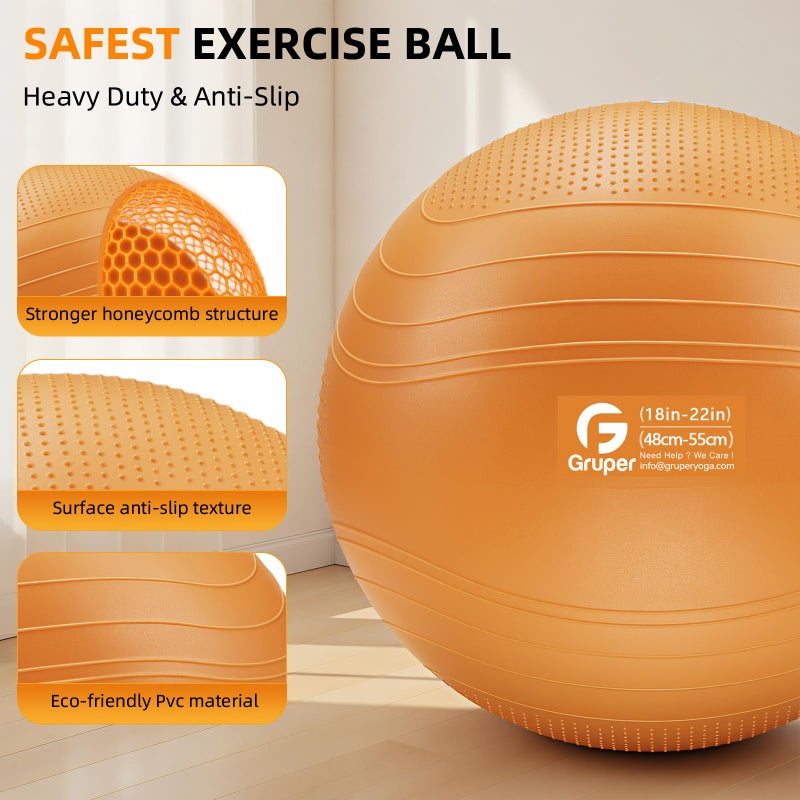 Gruper Yoga Ball, Extra Thick Non Slip Exercise Ball for Workout, Birthing, Balance, Stability, Pregnancy, 4 Sizes Anti Burst Chair for Home and Office, Includes Quick Pump & Fitness Guide - Image 4