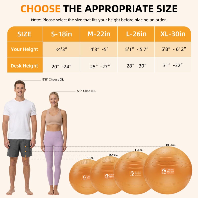 Gruper Yoga Ball, Extra Thick Non Slip Exercise Ball for Workout, Birthing, Balance, Stability, Pregnancy, 4 Sizes Anti Burst Chair for Home and Office, Includes Quick Pump & Fitness Guide - Image 5