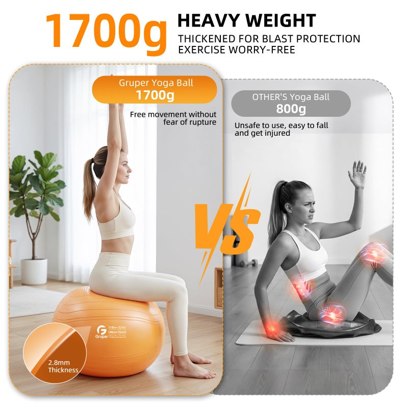 Gruper Yoga Ball, Extra Thick Non Slip Exercise Ball for Workout, Birthing, Balance, Stability, Pregnancy, 4 Sizes Anti Burst Chair for Home and Office, Includes Quick Pump & Fitness Guide - Image 3