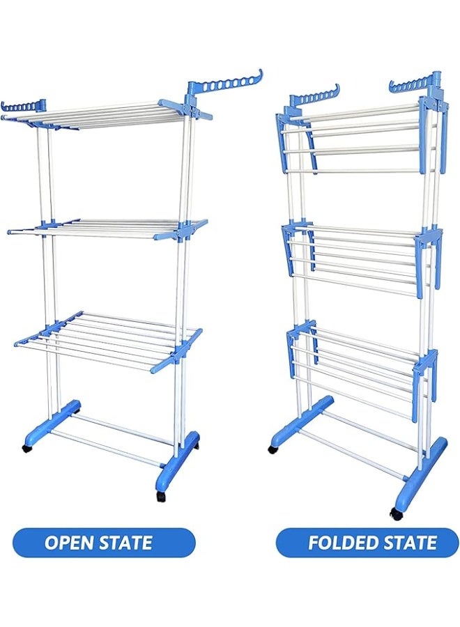 انفلكس رف تجفيف ملابس من الفولاذ المقاوم للصدأ، كبير الحجم، 4 طبقات (ارتفاع 67.7 بوصة)، رف تجفيف متحرك قابل للطي مصنوع من الفولاذ، مزود بـ 4 عجلات، و24 عمود تجفيف، و14 خطافًا لبياضات الأسرّة والملابس، لون رمادي - Image 3