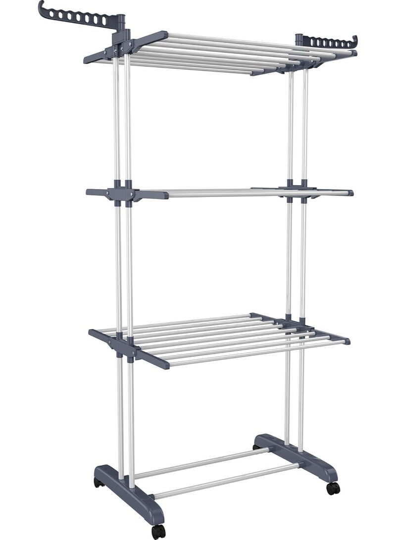 انفلكس رف تجفيف ملابس من الفولاذ المقاوم للصدأ، كبير الحجم، 4 طبقات (ارتفاع 67.7 بوصة)، رف تجفيف متحرك قابل للطي مصنوع من الفولاذ، مزود بـ 4 عجلات، و24 عمود تجفيف، و14 خطافًا لبياضات الأسرّة والملابس، لون رمادي - Image 4