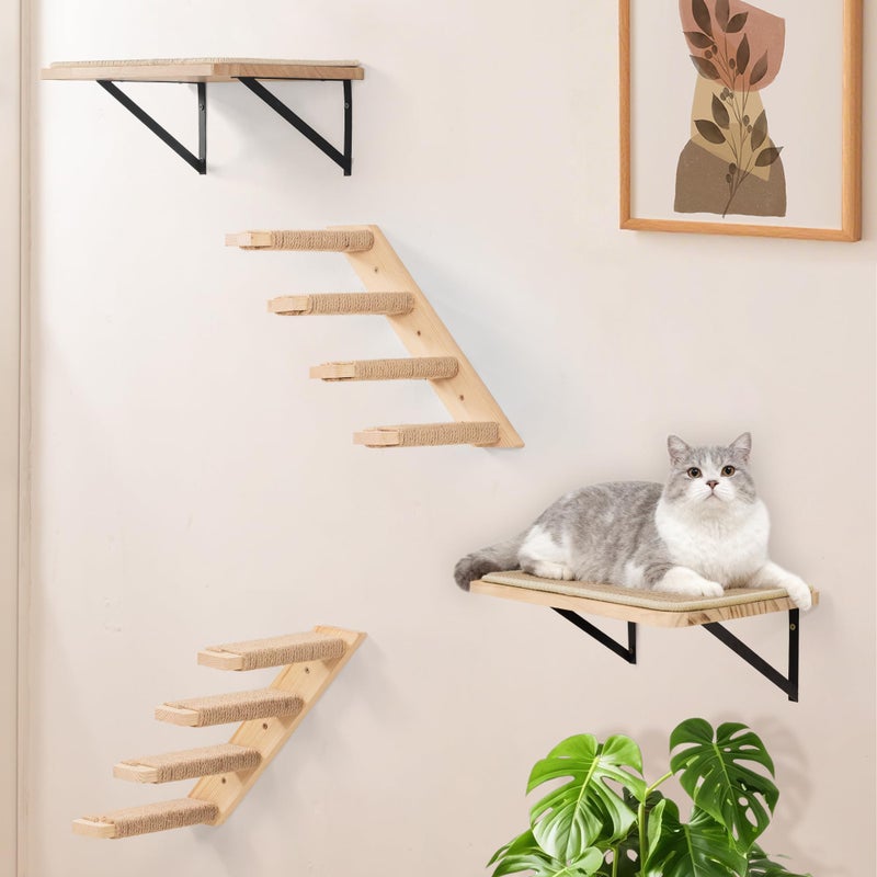 PELUOMOZ Cat Wall Furniture Set, 2PCS Cat Shelves & 2PCS 4 Steps Wall Shelves Stairs Tower Climbing Scratching Perches for Climbing Sleeping, Playing - Image 1