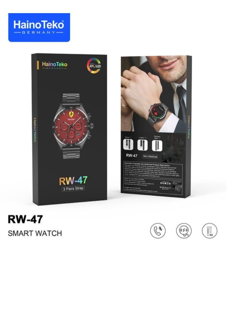Haino Teko - Smart Watch RW47 Round Shape Large Screen AMOLED Display With 3 Pair Straps And Wireless Charger For Men's And Boys Black - Image 1