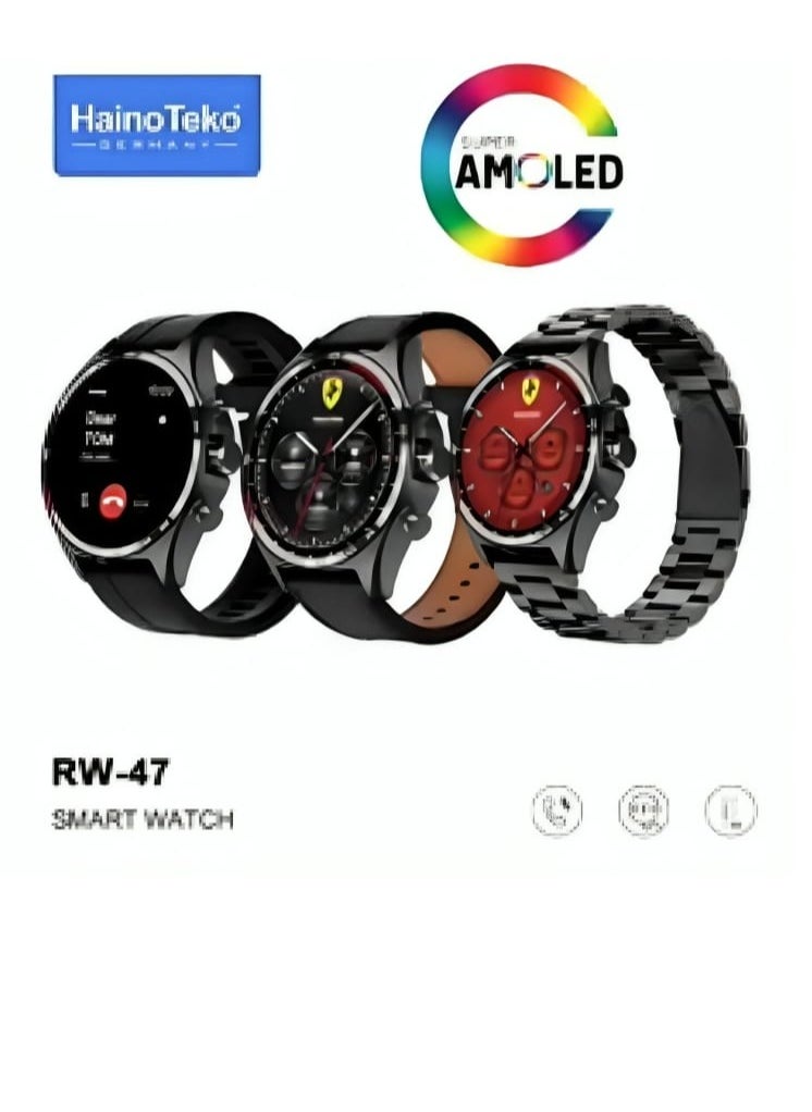 Haino Teko - Smart Watch RW47 Round Shape Large Screen AMOLED Display With 3 Pair Straps And Wireless Charger For Men's And Boys Black - Image 1