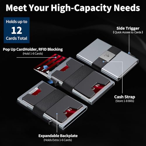 SEMORID Slim Aluminum Card Holder Wallet for Men, Durable Expandable Backplate, RFID Blocking Minimalist Metal Pop Up Wallet, Holds 12 Cards Plus Cash (Grey) - Image 2