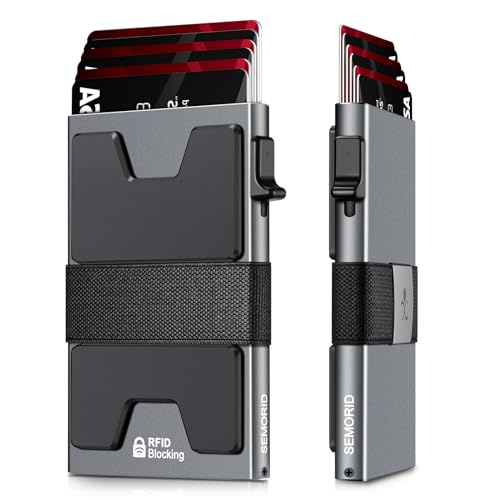 SEMORID Slim Aluminum Card Holder Wallet for Men, Durable Expandable Backplate, RFID Blocking Minimalist Metal Pop Up Wallet, Holds 12 Cards Plus Cash (Grey) - Image 1