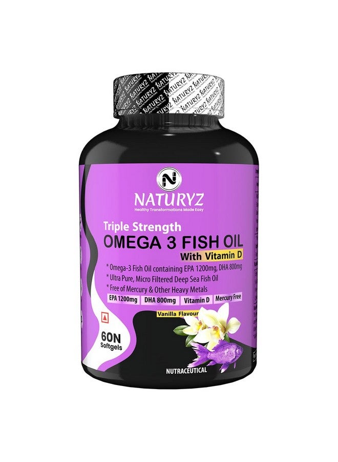Naturyz Vanilla Flavoured Triple Strength 2500mg Omega 3 Fish Oil with Vitamin D3|Highest Strength 2000 mg Omega 3 Per Serving (EPA 1200mg DHA 800mg) Deep Sea Fish Oil for Unisex-60 Capsules,100 grams - Image 1