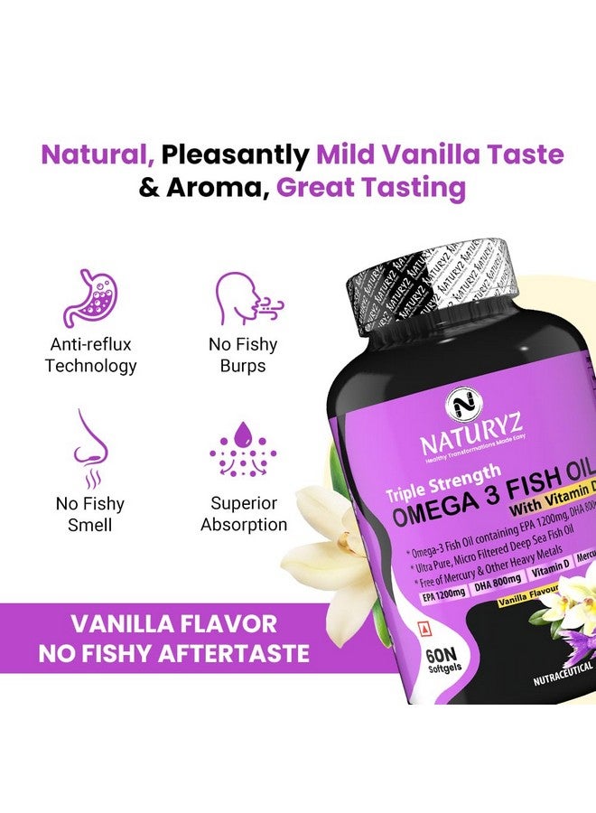 Naturyz Vanilla Flavoured Triple Strength 2500mg Omega 3 Fish Oil with Vitamin D3|Highest Strength 2000 mg Omega 3 Per Serving (EPA 1200mg DHA 800mg) Deep Sea Fish Oil for Unisex-60 Capsules,100 grams - Image 3
