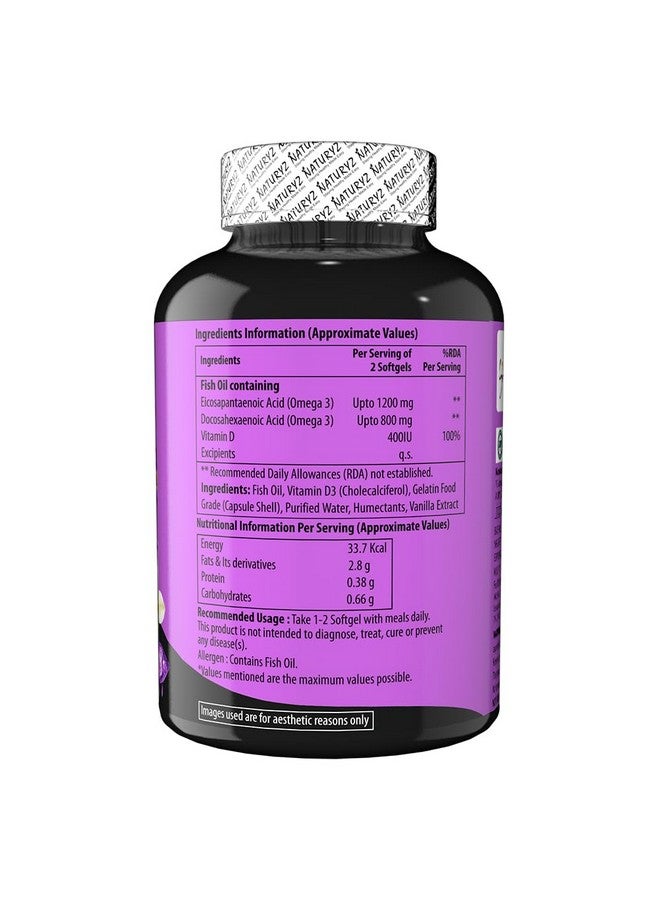 Naturyz Vanilla Flavoured Triple Strength 2500mg Omega 3 Fish Oil with Vitamin D3|Highest Strength 2000 mg Omega 3 Per Serving (EPA 1200mg DHA 800mg) Deep Sea Fish Oil for Unisex-60 Capsules,100 grams - Image 2