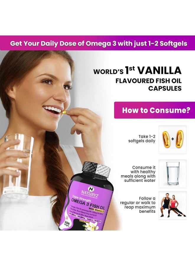 Naturyz Vanilla Flavoured Triple Strength 2500mg Omega 3 Fish Oil with Vitamin D3|Highest Strength 2000 mg Omega 3 Per Serving (EPA 1200mg DHA 800mg) Deep Sea Fish Oil for Unisex-60 Capsules,100 grams - Image 5