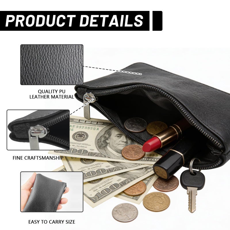 DENGXINWEI 2Pcs Coin Purse,Small Portable PU Leather Zipper Pouch Change Purse, Portable Change Wallet,Coin Pouch with Zipper, Mini Coin Pocket Pouch Change Holder for Women Change Purse for Coins(Black) - Image 4